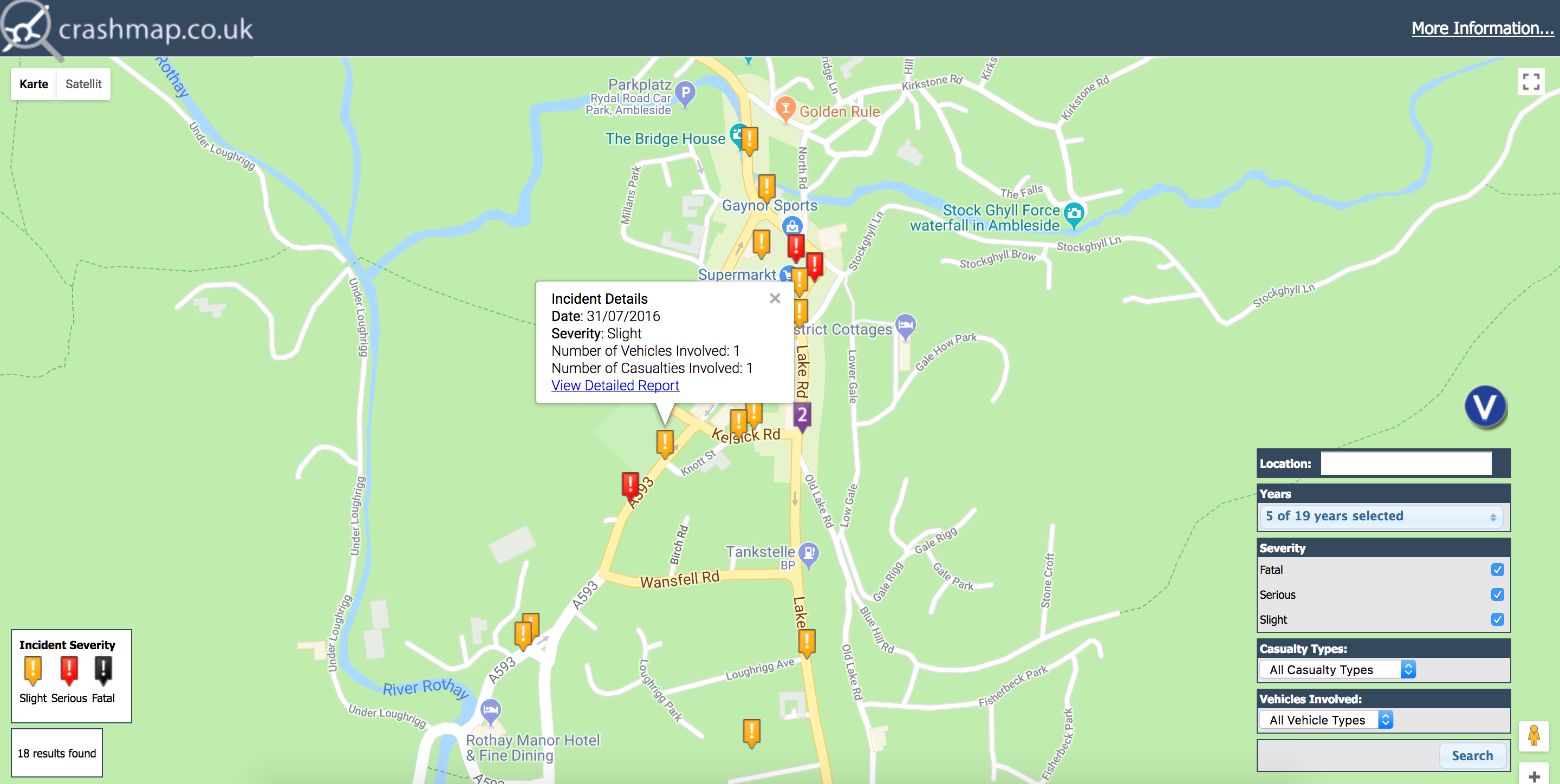 Crashmap zeigt Verkehrsunfälle in Großbritannien auf einer Karte